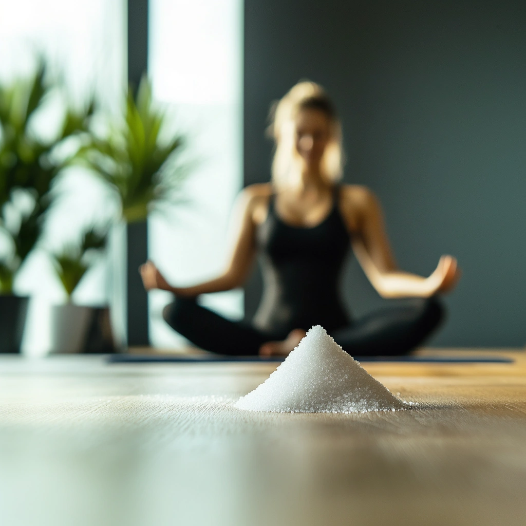 Gesunde Frau macht Yoga hinter einem kleinen Haufen Zucker